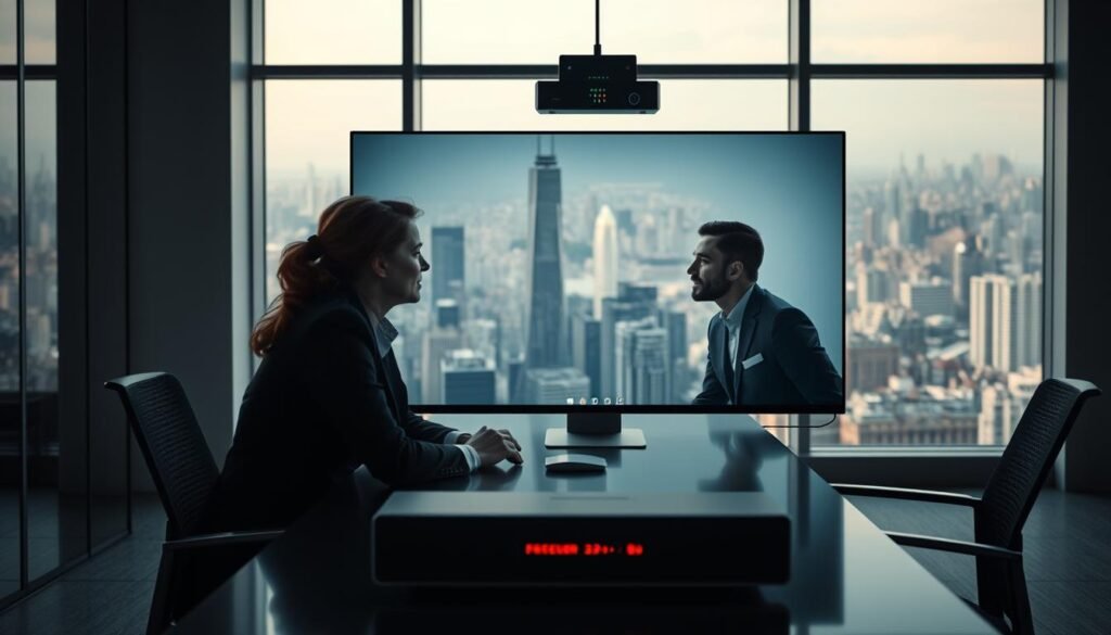 A secure video conference call in a modern, minimalist office setting. The foreground shows two professionals in business attire engaged in a conversation, their faces lit by the soft glow of a high-resolution display. The middle ground features a sleek, unobtrusive conferencing system with advanced encryption capabilities. The background showcases floor-to-ceiling windows, providing a panoramic view of a vibrant cityscape. The overall mood is one of professionalism, efficiency, and technological sophistication, conveying the enterprise-grade security and reliability required for mission-critical business communications.
