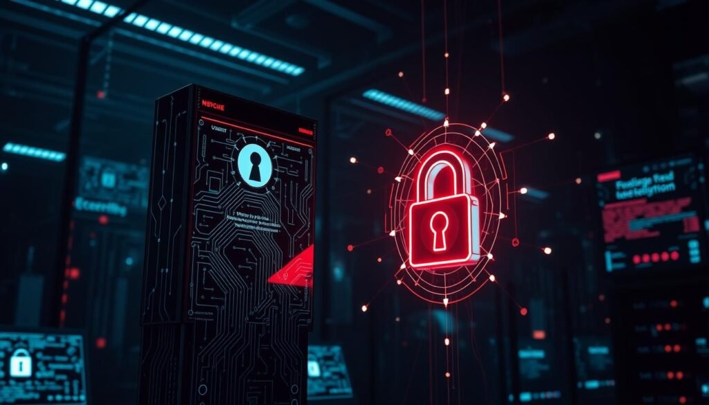 A secure web application stands tall, its interface gleaming with intricate lines and geometric shapes. In the foreground, a digital lock icon symbolizes the importance of access control and authentication. Behind it, a network of interconnected nodes and pathways represents the complex web of vulnerabilities and potential attack vectors. The backdrop is a shadowy, moody environment, illuminated by the soft glow of digital screens, conveying the ever-present threat of cyber threats. The overall scene exudes a sense of vigilance and the need for comprehensive security measures to protect sensitive data and systems.