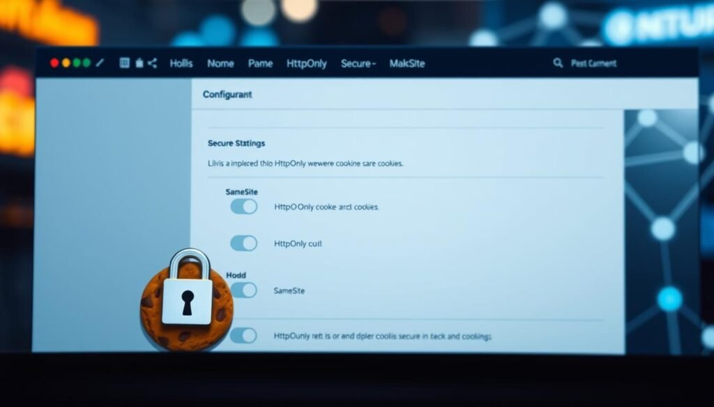 A secure website with a lock icon, representing a web browser. In the foreground, a stylized cookie icon with a padlock, symbolizing a securely implemented cookie. The middle ground features a clean, minimalist interface with toggle switches, dropdown menus, and input fields, showcasing the configuration options for HttpOnly, Secure, and SameSite cookie settings. The background has a blurred network diagram, highlighting the importance of end-to-end security. The scene is lit by a soft, directional light, creating a sense of professionalism and attention to detail. The overall mood is one of confidence and technical expertise in managing secure cookie implementation.