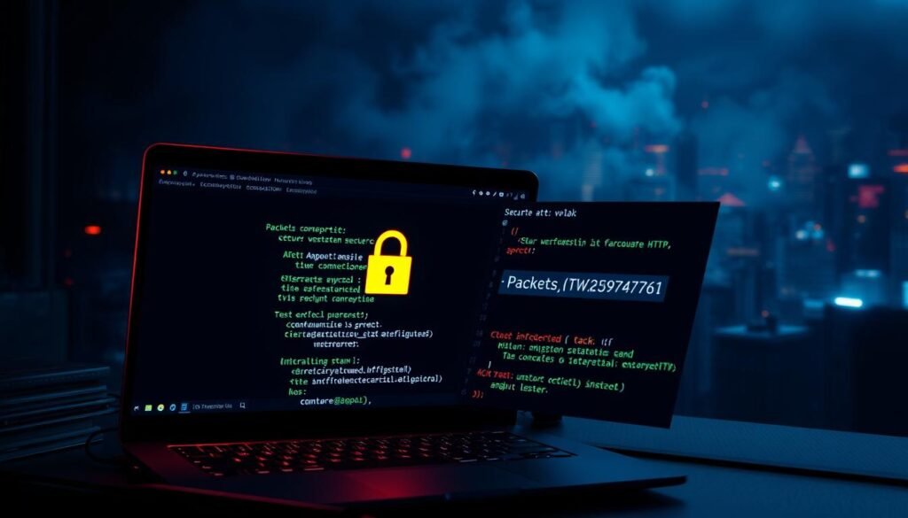 A secure website with a padlock icon, being forcefully downgraded to an unsecured HTTP connection, as a hacker's laptop screens display packets being intercepted and manipulated. The scene is bathed in a dim, ominous glow, with cyberpunk-inspired neon accents highlighting the technical details of the attack process. The foreground showcases the hacker's tools and exploits, while the background depicts a cityscape shrouded in digital fog, emphasizing the stealthy and widespread nature of this threat. Precise, high-contrast lighting accentuates the gravity of the situation, creating a sense of unease and the need for vigilance against this insidious attack.