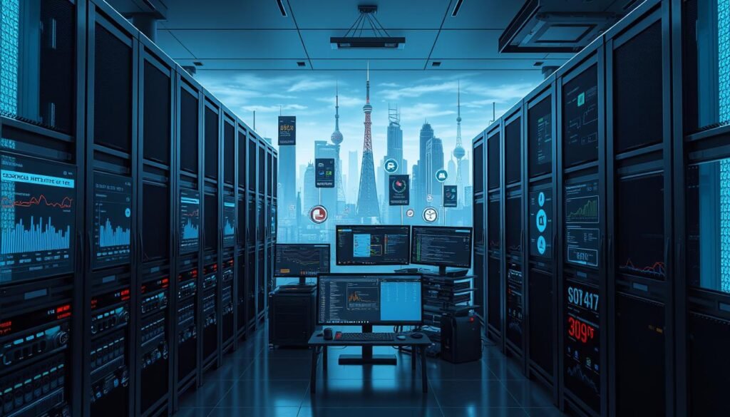 A secure, well-organized data center with a Proxmox VE hypervisor at its core. In the foreground, a rack of powerful servers running virtual machines and containers, their status displayed on sleek monitoring dashboards. The middle ground features an administrator's workstation, with multiple screens showcasing the Proxmox web interface and detailed resource utilization metrics. In the background, a futuristic skyline of skyscrapers and communication towers, hinting at the robust network infrastructure supporting this advanced home lab setup. The lighting is cool and professional, with strategic use of blues and grays to convey a sense of control and efficiency. The overall mood is one of technical mastery and security, reflecting the purpose of this virtualization layer in the home network testing environment.