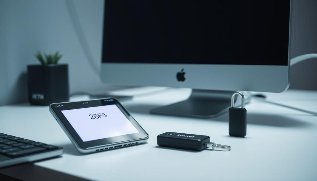 A secure workspace with a desktop computer, smartphone, and authentication device arranged neatly. The scene is illuminated by soft, diffused lighting creating a calm, professional atmosphere. In the foreground, the smartphone displays a 2FA code, while the authentication device, like a hardware security key, stands ready. The desktop computer in the middle ground represents the platform being secured. The background suggests a modern, minimalist office setting with subtle patterns or textures. The overall composition conveys a sense of well-organized, reliable 2FA security practices.