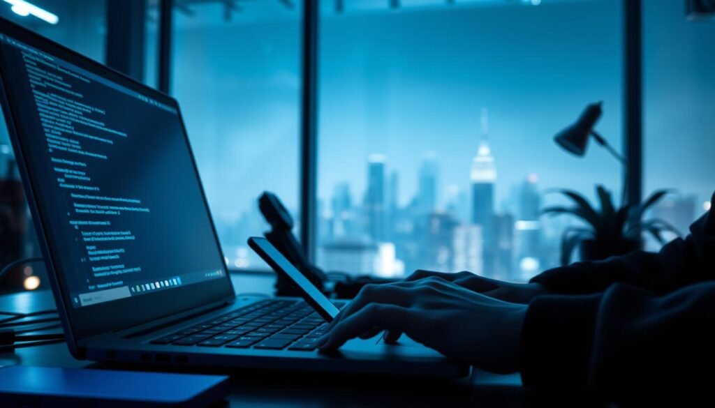 A secure workspace with a laptop, smartphone, and digital security tools, bathed in a soft, blue-toned lighting. The foreground showcases a person's hands typing intently on the keyboard, immersed in the process of ethical hacking. The middle ground features a monitor displaying code and diagnostic information, while the background subtly depicts a cityscape through a window, conveying a sense of urban connectivity. The overall atmosphere is one of focus, professionalism, and responsible exploration of cybersecurity. A secure workspace with a laptop, smartphone, and digital security tools, bathed in a soft, blue-toned lighting. The foreground showcases a person's hands typing intently on the keyboard, immersed in the process of ethical hacking. The middle ground features a monitor displaying code and diagnostic information, while the background subtly depicts a cityscape through a window, conveying a sense of urban connectivity. The overall atmosphere is one of focus, professionalism, and responsible exploration of cybersecurity.