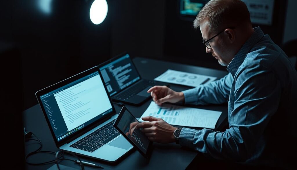 A secure workspace with a tactful arrangement of laptop, tablet, and technical documents. Intense concentration on the screen, plotting strategies for a ransomware simulation. Muted lighting casts a thoughtful, focused atmosphere. The scene conveys a sense of responsible planning, with attention to detail and risk mitigation. Sleek, modern design elements complement the serious task at hand. An experienced cybersecurity professional meticulously considers every step, ensuring a controlled, educational exercise.