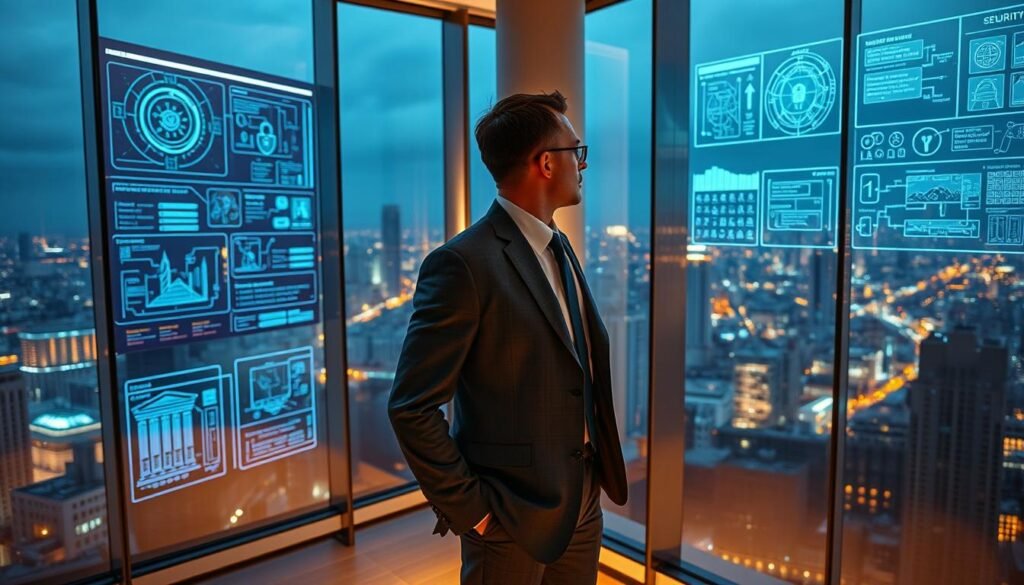 A security architect, standing tall and confident, surveys a futuristic cityscape through the glass walls of their sleek, high-rise office. Warm, ambient lighting casts a soft glow, illuminating the architect's thoughtful expression as they analyze complex network diagrams and security blueprints displayed on large, holographic screens. The room is adorned with state-of-the-art technology, from biometric security systems to advanced threat detection algorithms, all seamlessly integrated to create a comprehensive, multilayered defense. The architect's attire is a tailored, charcoal-gray suit, exuding an air of professionalism and authority. Through the panoramic windows, the city skyline stretches out, a testament to the architect's role in safeguarding the digital infrastructure that powers this thriving metropolis.