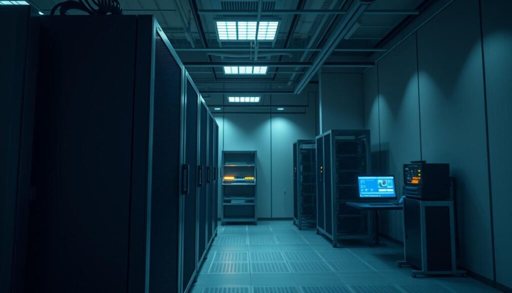 A security-focused data center illuminated by soft, ambient lighting. In the foreground, a secure server rack stands tall, its sleek metal panels and blinking indicator lights conveying a sense of technological prowess. In the middle ground, a network of cables, routers, and monitoring screens create an intricate web of digital connectivity. The background features a muted, minimalist architectural design with clean lines and muted tones, evoking a feeling of order and control. The overall scene exudes an aura of reliability, precision, and unwavering protection for sensitive information. A security-focused data center illuminated by soft, ambient lighting. In the foreground, a secure server rack stands tall, its sleek metal panels and blinking indicator lights conveying a sense of technological prowess. In the middle ground, a network of cables, routers, and monitoring screens create an intricate web of digital connectivity. The background features a muted, minimalist architectural design with clean lines and muted tones, evoking a feeling of order and control. The overall scene exudes an aura of reliability, precision, and unwavering protection for sensitive information.