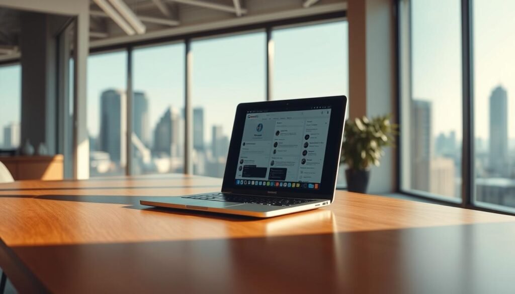 A serene and tranquil office setting, with a laptop on a minimalist wooden desk. The laptop's screen displays social media profiles, highlighting the need for privacy and discretion when managing sensitive work information. Warm, natural lighting filters through large windows, creating a calming atmosphere. In the background, a blurred city skyline conveys a sense of the digital world beyond the private workspace. The composition emphasizes the importance of maintaining boundaries between personal and professional online identities, with a subtle, muted color palette to evoke a thoughtful, introspective mood.