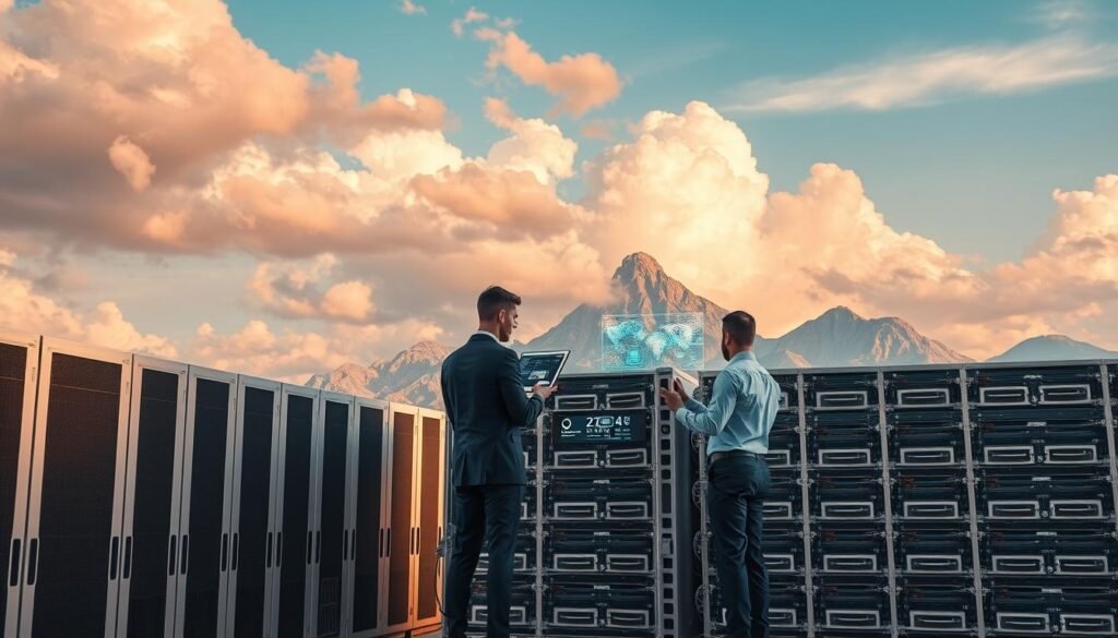 A serene, cloud-filled sky with a modern data center in the foreground, its servers and storage arrays neatly organized. Sleek, silver-hued equipment is connected by cables, all bathed in a warm, natural light. In the middle ground, a team of cloud security engineers in crisp, professional attire examine holographic displays, analyzing threat patterns and implementing robust security protocols. The background features towering mountains, hinting at the versatility and scalability of cloud infrastructure. The overall scene conveys a sense of technological mastery, security, and the seamless integration of cloud computing into the modern digital landscape.