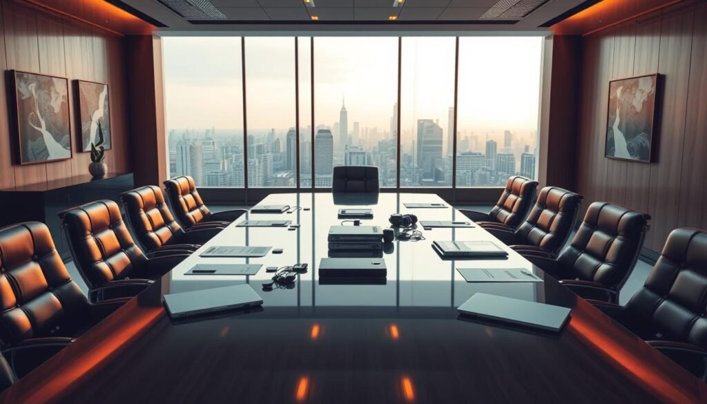 A serene conference room with a large, polished table surrounded by leather chairs. The room is bathed in warm, diffused lighting, creating a professional yet inviting atmosphere. On the table, a variety of documents and digital devices are arranged, symbolizing the collaborative alignment of stakeholders. The walls are adorned with sleek, minimalist art pieces, exuding a sense of thoughtful design. Through the panoramic windows, a cityscape unfolds, hinting at the broader context and the importance of the meeting. The scene conveys a sense of mutual understanding, strategic focus, and a shared commitment to the web application security exercise.