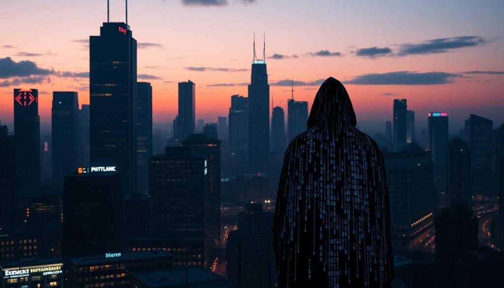 A serene cyberpunk cityscape at dusk, the skyline dominated by towering skyscrapers adorned with glowing neon signs. In the foreground, a lone figure stands vigilant, a protective cloak of digital code shimmering around them, guarding the intricate web of social media connections that link the bustling metropolis. Soft, diffused lighting casts long shadows, creating an atmosphere of cautious vigilance. The scene conveys a message of safeguarding one's digital identity and online presence, a testament to the importance of robust cybersecurity measures in the modern age.