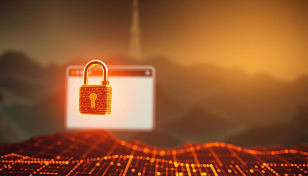 A serene digital landscape, illuminated by a warm glow. In the foreground, a secure padlock icon hovers, its intricate design meticulously detailed. In the middle ground, a web browser window displays a simple, minimalist interface, reflecting the principles of session security. The background is composed of a subtle grid pattern, symbolizing the underlying technical infrastructure that powers secure online interactions. The lighting is soft and diffused, creating a sense of trust and reliability. The overall composition conveys the importance of maintaining robust session management practices for both security teams and site owners.