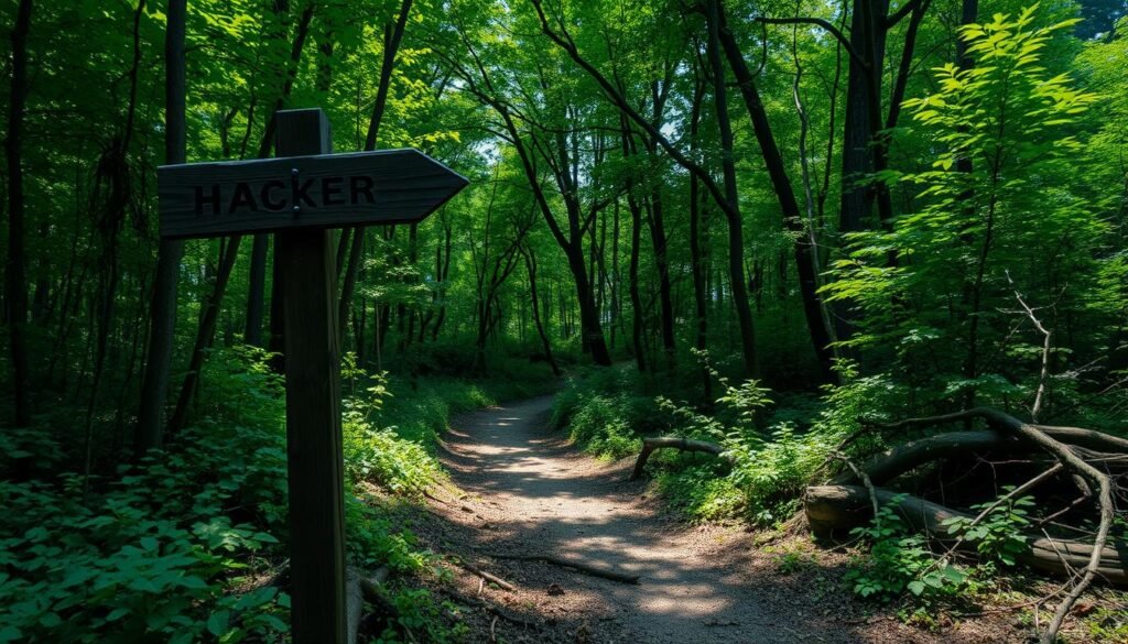 A serene forest path winding through lush greenery, with sunlight filtering through the canopy above. In the foreground, a wooden signpost stands, its arrow pointing down the trail - a metaphorical invitation to explore the depths of this digital realm. The middle ground features twisted roots and fallen branches, hinting at the obstacles and challenges that may lie ahead for the intrepid hacker. In the background, a dense thicket of trees obscures the view, casting an air of mystery and the unknown. The scene evokes a sense of discovery and the thrill of uncovering hidden vulnerabilities, as if the very path itself holds the secrets to unlocking new levels of access and control.