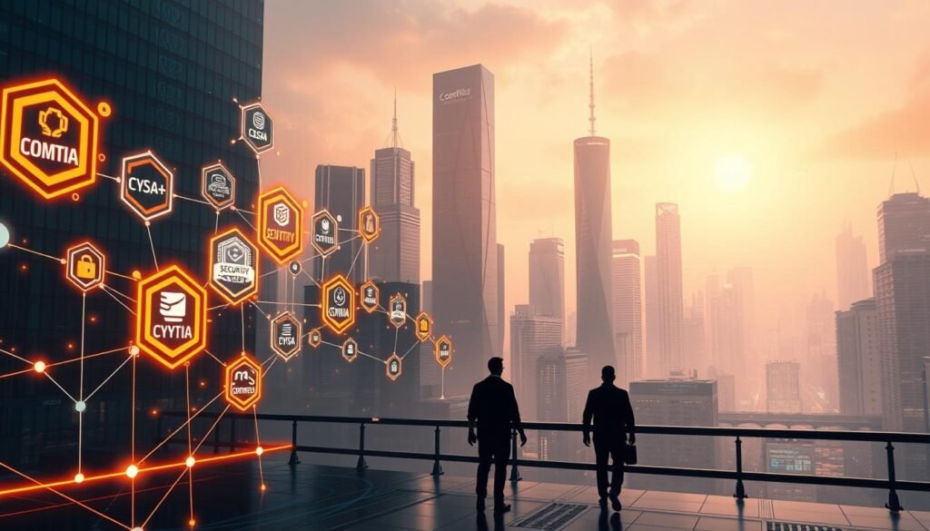 A serene, futuristic cityscape with a towering cybersecurity career path. In the foreground, a network of glowing CompTIA certification icons - Security+, CySA+, and more - illuminating the way forward. Mid-ground, silhouettes of professionals navigating the digital landscape, their skills and knowledge symbolized by the certifications. In the background, sleek skyscrapers and data centers, their glass facades reflecting the vibrant, ever-evolving nature of the cybersecurity field. Warm, diffused lighting casts a hopeful glow, suggesting the limitless potential of a career strengthened by CompTIA's industry-leading certifications.