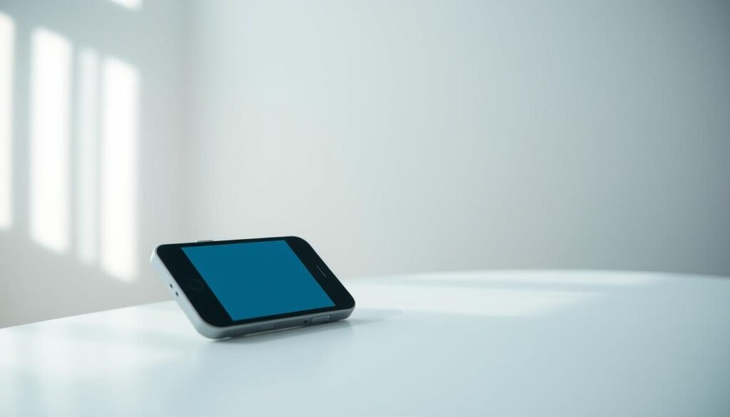 A serene, minimalist composition capturing the essence of social media. In the foreground, a smartphone rests on a clean, white surface, its screen displaying a simple social media interface with clean icons and a soothing color palette. The middle ground features a soft, out-of-focus backdrop, suggesting a peaceful, distraction-free environment. The lighting is natural, diffused, and calming, casting a gentle glow on the smartphone. The overall mood is one of tranquility and focus, hinting at the smart daily habits that can protect one's social media presence.