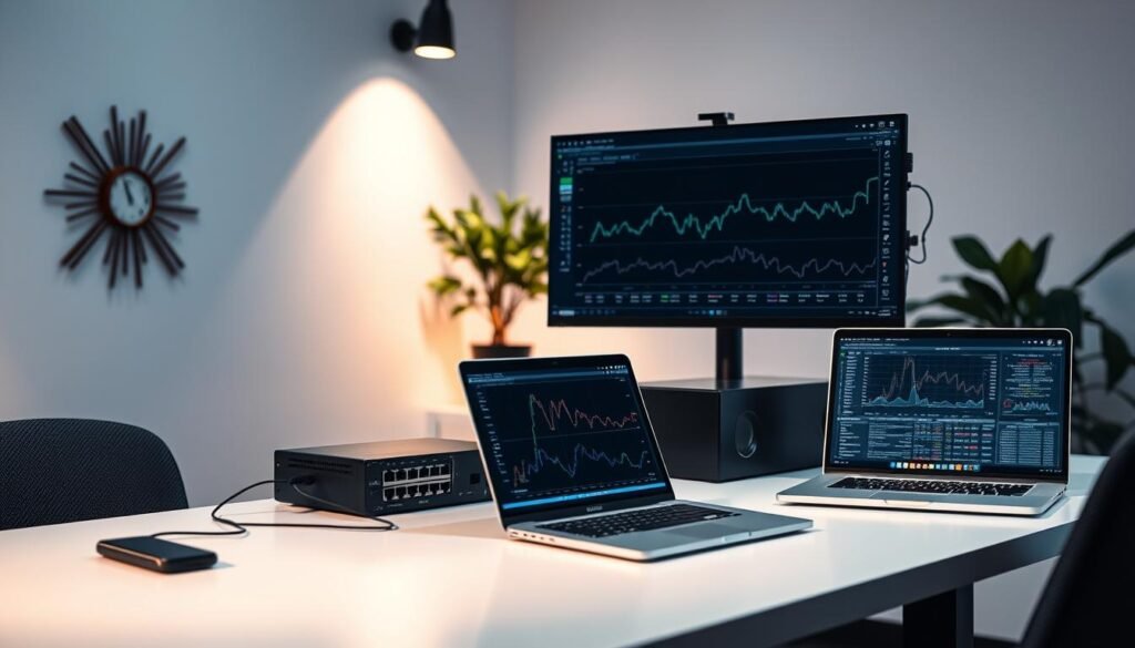 A serene office setting, featuring a sleek and modern desk setup. On the desk, various monitoring devices are displayed, including a high-resolution desktop monitor, a network switch, and a laptop displaying real-time network traffic data. The lighting is soft and diffused, creating a professional and focused atmosphere. In the background, a minimalist wall decor and a potted plant add a touch of greenery, complementing the overall aesthetic. The scene conveys a sense of efficiency and control, highlighting the importance of effective network monitoring solutions.