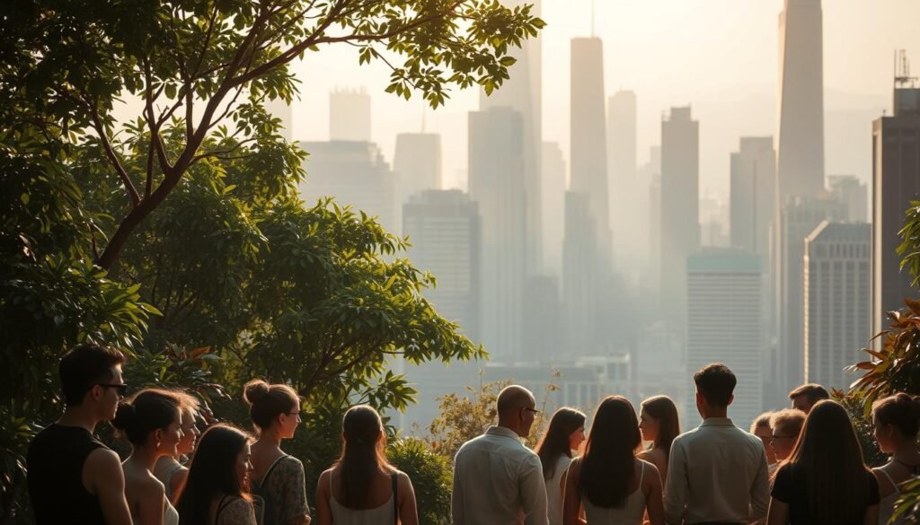 A serene, private garden oasis nestled within a bustling city skyline, where people gather to connect, share, and engage without the scrutiny of prying eyes. Soft, natural lighting filters through lush foliage, casting a warm, welcoming glow. In the foreground, a group of diverse individuals converse in hushed tones, their faces reflecting a sense of trust and openness. The middle ground features a sleek, minimalist social media interface, devoid of intrusive ads or data-harvesting features. In the background, towering skyscrapers and a vibrant metropolis serve as a backdrop, emphasizing the contrast between the public sphere and the private, secure digital space. The overall atmosphere conveys a sense of tranquility, community, and a conscious rejection of the pervasive surveillance-driven social media landscape.