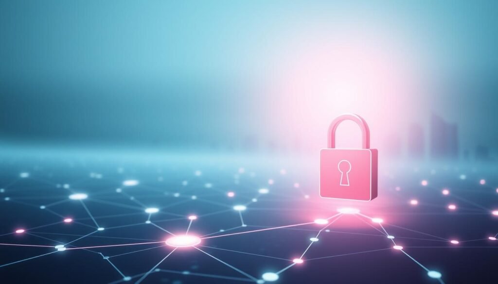 A serene, secure digital landscape with a sleek, modern interface showcasing the importance of data privacy. In the foreground, a stylized lock icon exudes an aura of protection, casting a soft glow over the scene. In the middle ground, a network of interconnected data flows, represented by glowing lines and geometric shapes, symbolize the complex web of digital information. The background depicts a minimalist cityscape, hinting at the ubiquity of technology in our daily lives. Subtle color tones of blue and gray convey a sense of tranquility and trust, while dramatic lighting from a single, directional source emphasizes the subject's significance. The overall composition aims to strike a balance between the functional and the aesthetic, conveying the essential need for robust data privacy measures in the digital age.