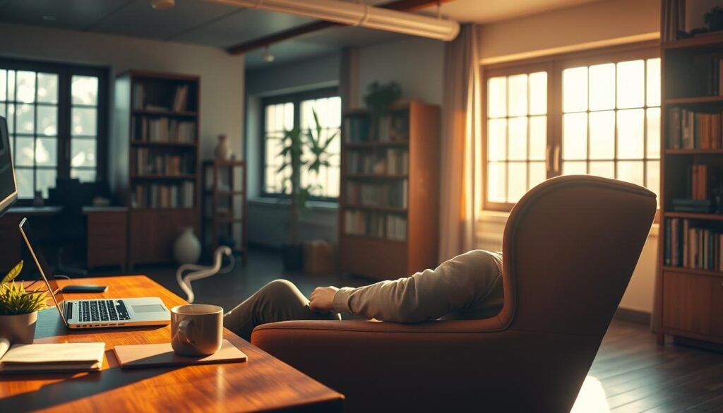 A serene, well-lit office environment with a desk, laptop, and a cozy armchair. Warm, natural lighting filters through large windows, casting a soft glow on the wooden accents and bookshelves lining the walls. A potted plant and a mug of steaming coffee add to the sense of tranquility. In the foreground, a person sits comfortably in the armchair, engrossed in their work, radiating a calm, focused demeanor. The background is slightly blurred, emphasizing the subject's peaceful, uninterrupted state of mind, conveying the importance of a burnout-free approach to cybersecurity exam preparation.
