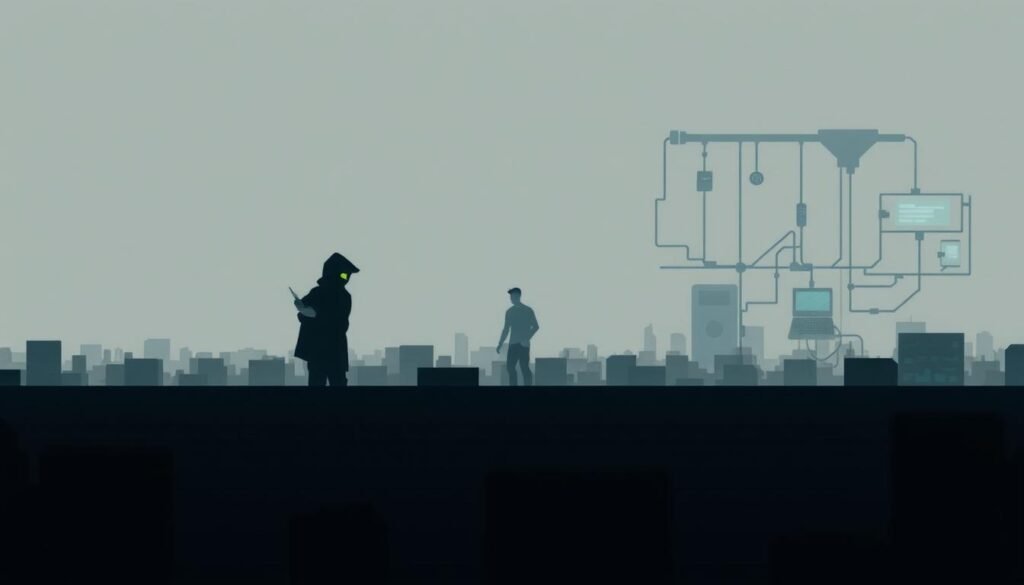 A series of stylized illustrations depicting the stages of a social engineering attack. In the foreground, a hacker manipulating a victim through deception and social tactics. In the middle ground, the victim unknowingly divulging sensitive information. In the background, a network of devices and infrastructure, representing the attacker's digital targets. Dramatic lighting creates an ominous atmosphere, while a muted color palette and geometric shapes convey the calculated, impersonal nature of the attack. The images should feel visually cohesive, like frames from an animated sequence, without any overt text or captions.