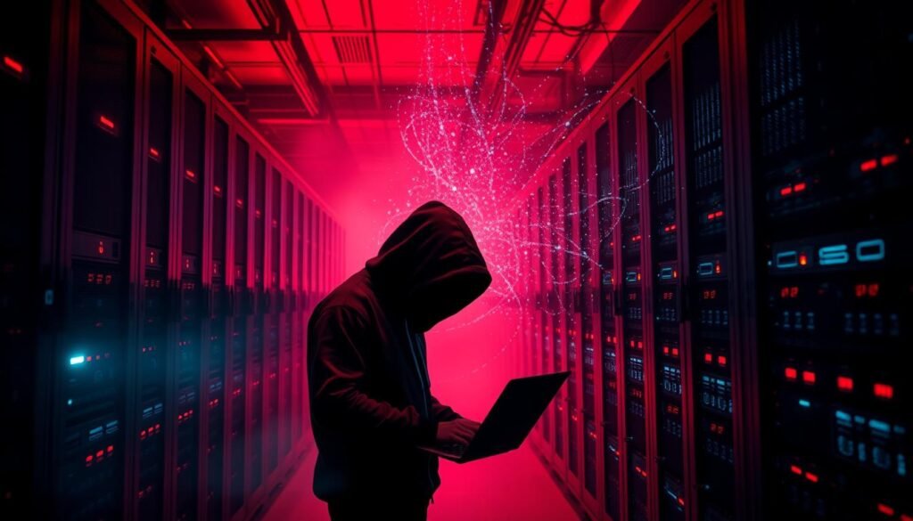 A server room bathed in an ominous red glow, rows of racks with blinking lights and cooling fans, conveying a sense of impending digital disaster. In the foreground, a lone figure in a dark hoodie hunched over a laptop, their face obscured by shadows, symbolizing the stealthy intrusion of a hacker. The background is shrouded in a haze of data streams and digital debris, representing the cascading effects of a data breach, with sensitive information flowing out of the system. The overall atmosphere is one of vulnerability, chaos, and the profound impact a misconfigured server can have on an organization.