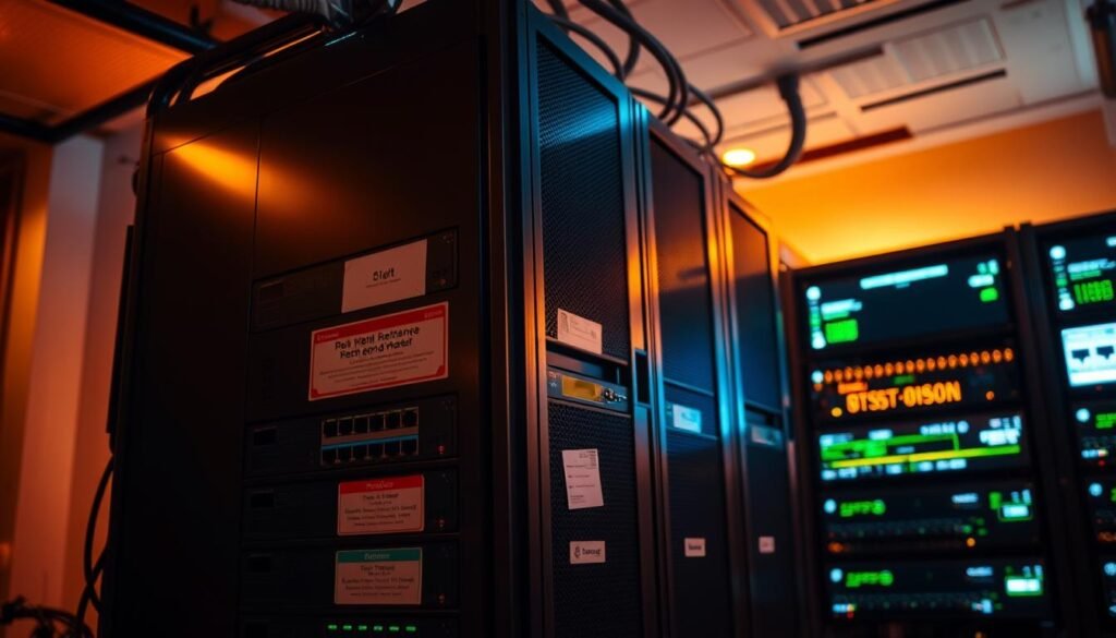 A server room illuminated by the soft glow of monitors, with a gleaming rack of enterprise-grade networking equipment in the foreground. Carefully configured network switches, routers, and a robust mail server tower, its chassis adorned with security stickers, stand resolute against the threat of spam and data breaches. The warm light casts dramatic shadows, hinting at the careful configuration and hardening measures in place to safeguard the flow of sensitive email communications. Lenses trained on the heart of the email infrastructure, capturing the essence of a well-designed, secure, and resilient mail server setup.