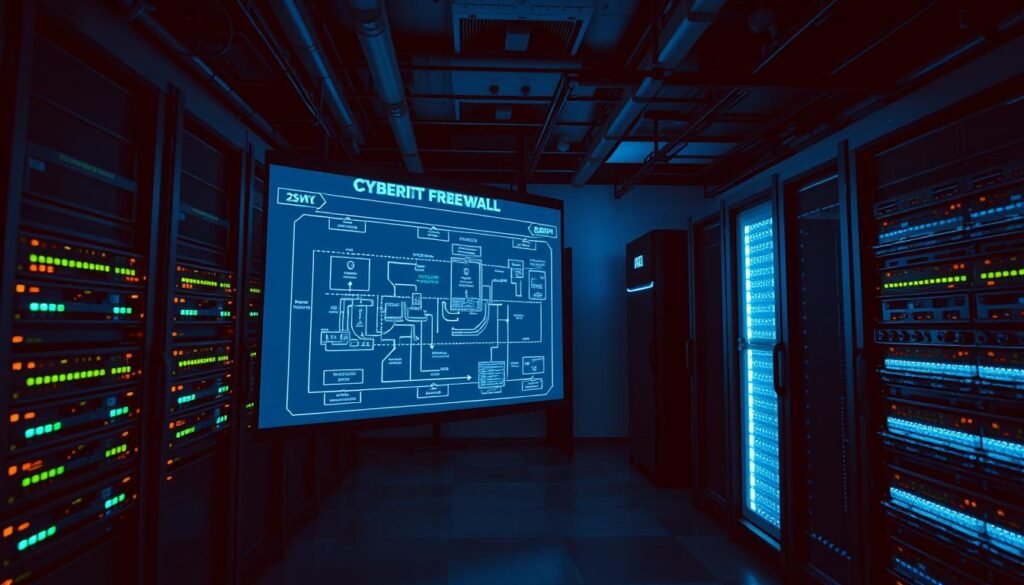 A server room with rows of sleek, modern hardware and blinking indicator lights. In the foreground, a network diagram is projected onto a large display, showing data flows and security measures. The room is dimly lit, with a cool, blue-tinged lighting scheme to convey a sense of technological sophistication and security. In the background, a towering firewall appliance stands guard, casting a protective shadow over the proceedings. The overall mood is one of vigilance, control, and technological prowess—the tools and systems in place to safeguard the website and its users.