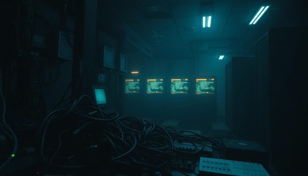 A shadowy, dimly lit digital landscape, its edges obscured by a hazy veil of uncertainty. In the foreground, a jumble of computer cables and circuit boards, their tangled paths hinting at the complexity of the unseen. In the middle ground, a series of glowing screens flicker with indecipherable code, casting an eerie glow across the scene. In the background, a labyrinth of darkened corridors and forgotten servers, their secrets hidden from the light. The atmosphere is one of mystery and unease, a realm where the boundaries of legality and morality blur, and the hunt for the elusive cybercrime mastermind begins.