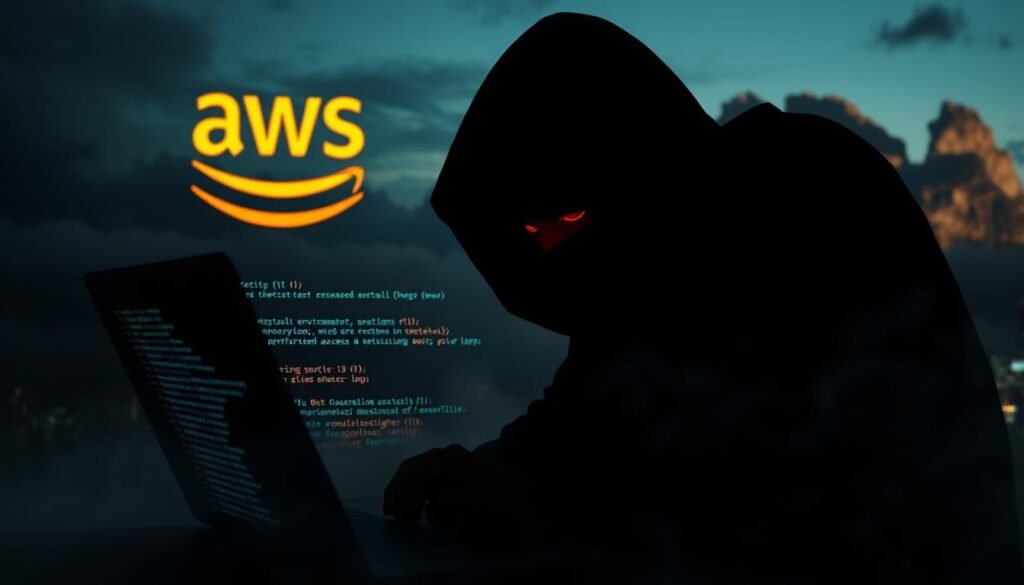 A shadowy figure hunched over a laptop, their face obscured by a dark hood. In the background, a cloud-filled skyline with the AWS logo prominently displayed, hinting at the target of their malicious activities. Flickering lines of code and ominous graphics fill the screen, casting an eerie glow on the attacker's face. The atmosphere is tense, the lighting ominous, as the intruder exploits vulnerable environment files to gain unauthorized access and escalate their attack.
