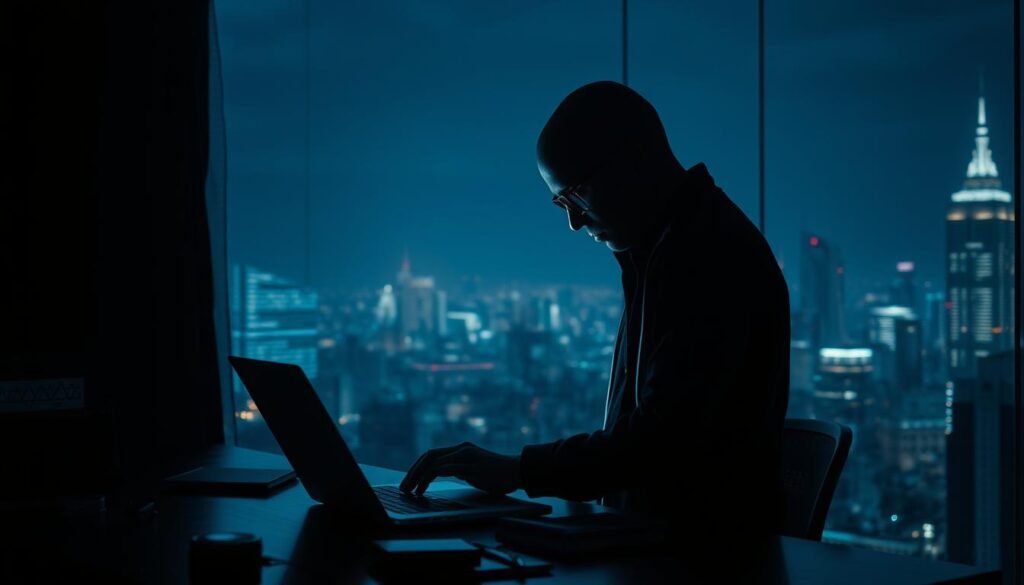A shadowy figure in a dark room, illuminated by the glow of a computer screen, intently scrutinizing lines of code. In the foreground, a sleek laptop and various cybersecurity tools stand ready. In the background, a cityscape at night, hinting at the broader context of the digital landscape. Dramatic lighting creates a sense of urgency and tension, as the figure works to uncover and eliminate the cryptojacking malware plaguing the system. A technical, precise, and high-stakes atmosphere pervades the scene.