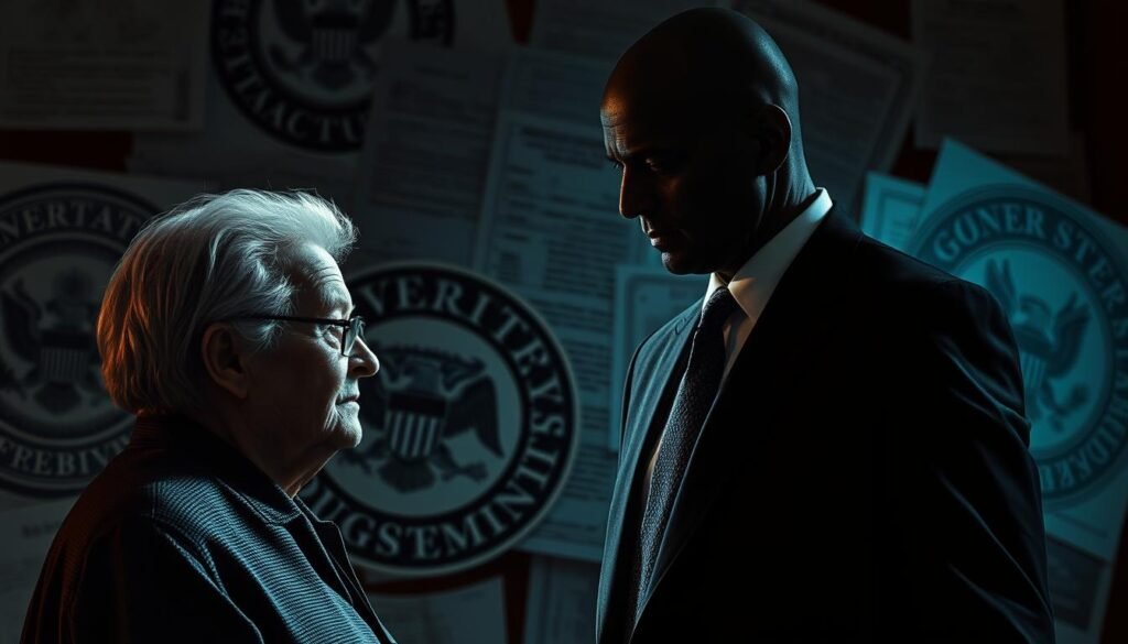 A shadowy figure in a suit and tie, a symbol of authority, stands before an elderly couple, their faces filled with uncertainty. The scene is set against a backdrop of government seals and financial documents, creating a sense of deception and mistrust. Harsh lighting casts dramatic shadows, highlighting the impostor's calculated expression as they attempt to manipulate the unsuspecting victims. The overall atmosphere conveys a sense of unease, reflecting the "trust-me trap" that government, bank, and charity impostors often employ to exploit the vulnerable. A shadowy figure in a suit and tie, a symbol of authority, stands before an elderly couple, their faces filled with uncertainty. The scene is set against a backdrop of government seals and financial documents, creating a sense of deception and mistrust. Harsh lighting casts dramatic shadows, highlighting the impostor's calculated expression as they attempt to manipulate the unsuspecting victims. The overall atmosphere conveys a sense of unease, reflecting the "trust-me trap" that government, bank, and charity impostors often employ to exploit the vulnerable.