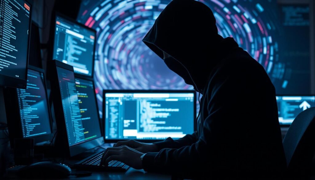 A shadowy figure sitting at a desk, surrounded by glowing screens and digital clutter, orchestrating a sinister credential stuffing attack. The scene is dimly lit, creating an ominous atmosphere, with only the eerie glow of the displays illuminating the hacker's face. In the background, a swirling vortex of stolen login credentials and personal information, symbolizing the dark web's vast trove of compromised data. The hacker's hands move with precision, manipulating scripts and tools to systematically breach one account after another, a visual representation of the real-world risks posed by this insidious cybercrime.
