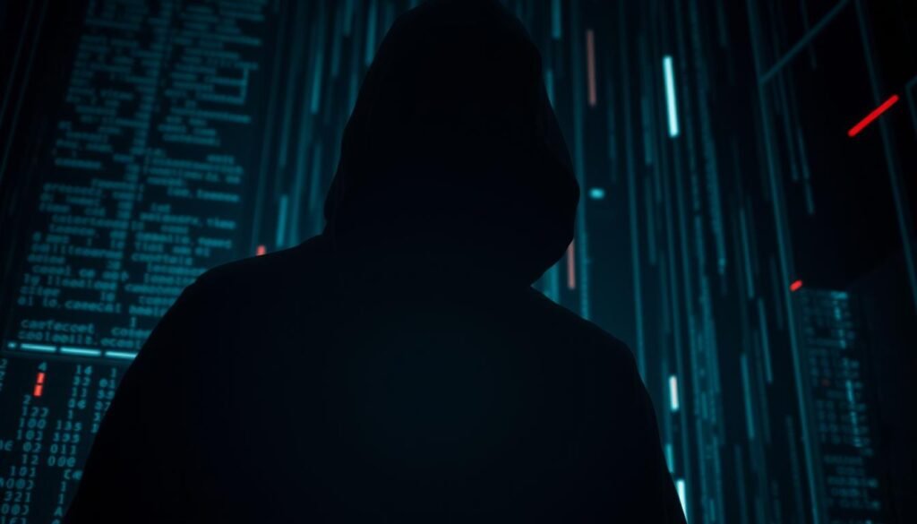 A shadowy figure stands in the center, their face obscured by a dark hooded cloak. The background is a maze of digital code and data streams, hinting at the unseen forces at work. Dim lighting casts a somber, introspective mood, as if the figure is pondering the weight of their identity and the mysteries that surround it. The lens is slightly angled, creating a sense of unease and the feeling that the viewer is an unseen observer peering into a world of hidden motives and anonymous threats.