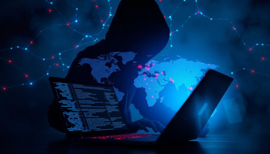 A shadowy figure surrounded by a web of digital data, illuminated by a piercing blue glow. In the foreground, a hacker's laptop displays intricate lines of code, hinting at the sophisticated techniques used to uncover hidden threats. The middle ground features a three-dimensional projection of a world map, pulsing with red indicators signaling the global reach of cyber attacks. The background is shrouded in a moody, atmospheric haze, conveying the gravity and complexity of the threat intelligence landscape. Cinematic lighting and a high-contrast, noir-inspired visual style create a sense of tension and urgency.