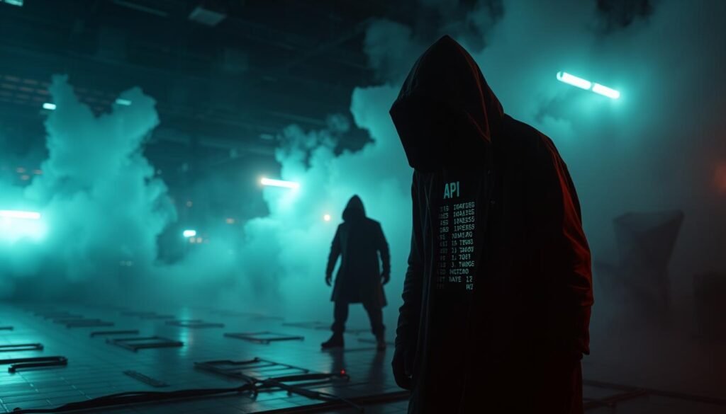 A sinister API interface looms in the foreground, its sensitive data exposed to prying eyes. In the middle ground, a shadowy figure lurks, poised to exploit these vulnerabilities. The background is shrouded in an ominous haze, conveying the ever-present threat of cyber attacks on unprotected APIs. Moody lighting casts an ominous glow, while a high-contrast, cinematic lens distorts the scene, heightening the sense of danger and urgency. This image captures the precarious state of APIs in the current threat landscape, underscoring the critical need for robust security measures to safeguard sensitive data.