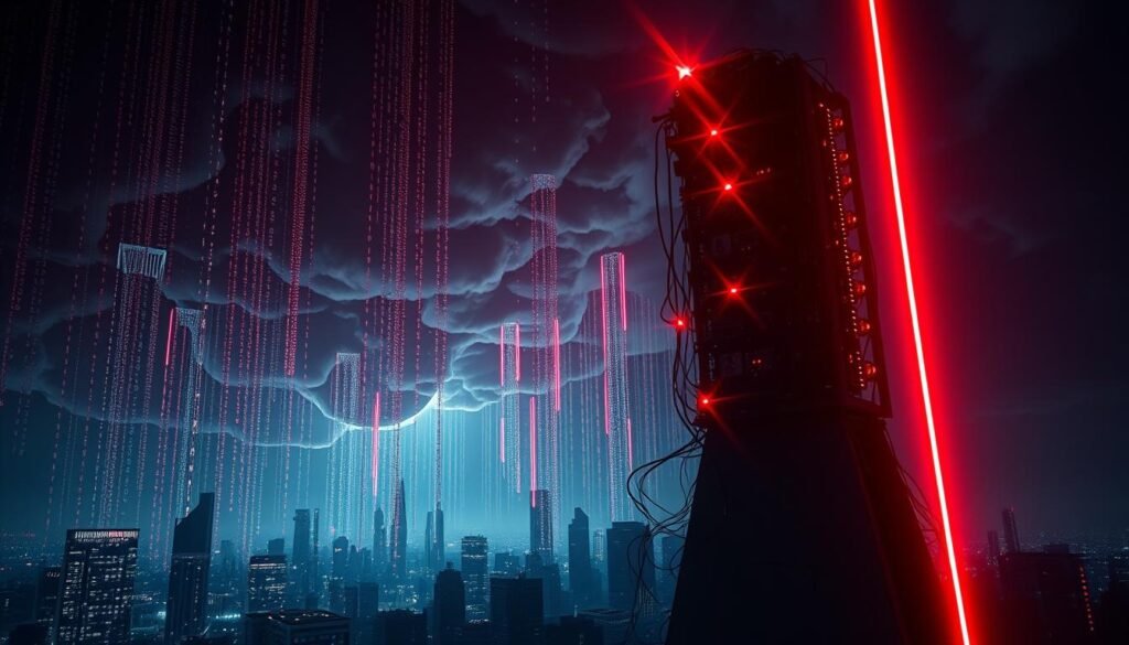A sinister-looking cloud of binary code and glowing data streams, cascading over a cityscape silhouette. In the foreground, a towering pillar of circuit boards and electronic components, casting a menacing shadow. Ominous red warning lights flash, highlighting the threat of malicious IoT botnets infiltrating homes and businesses. Harsh, directional lighting casts dramatic shadows, heightening the sense of impending cyber-attack. The overall atmosphere is one of foreboding and technological vulnerability, reflecting the gravity of the "Executive summary: Why IoT botnet malware still matters right now".