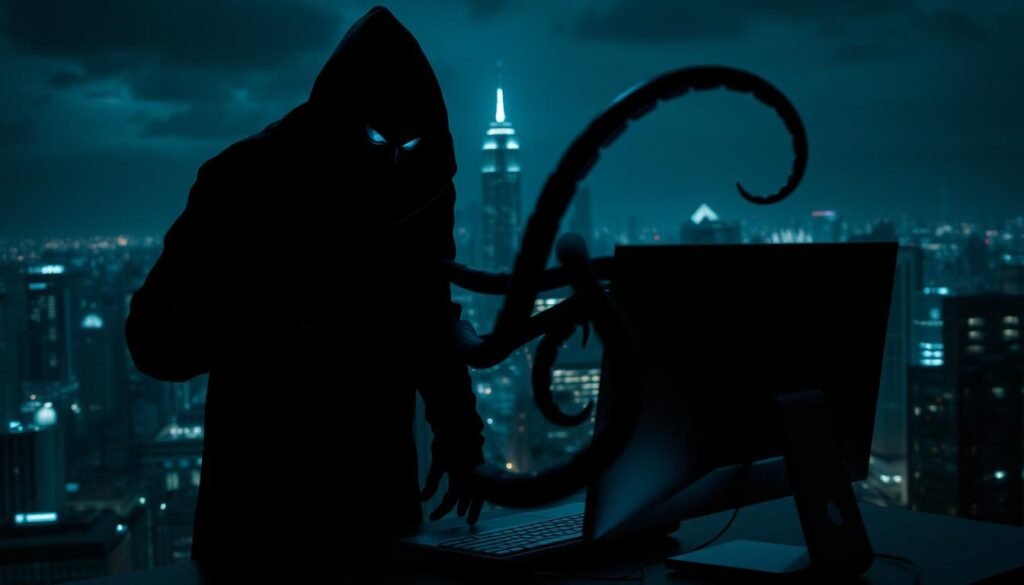 A sinister, shadowy figure looming over a desktop computer, its dark tentacles extending from the screen, symbolizing the pervasive threat of spyware. The dimly lit scene conveys a sense of unease and invasion of privacy, with a cold, blue-tinged lighting casting an ominous glow. The figure's form is shrouded in mystery, hinting at the stealthy, unseen nature of spyware. In the background, a cityscape at night, representing the vast, interconnected digital landscape where spyware can thrive. Subtle details, such as a reflection of the figure in the monitor's glass, add depth and a sense of unease to the composition.