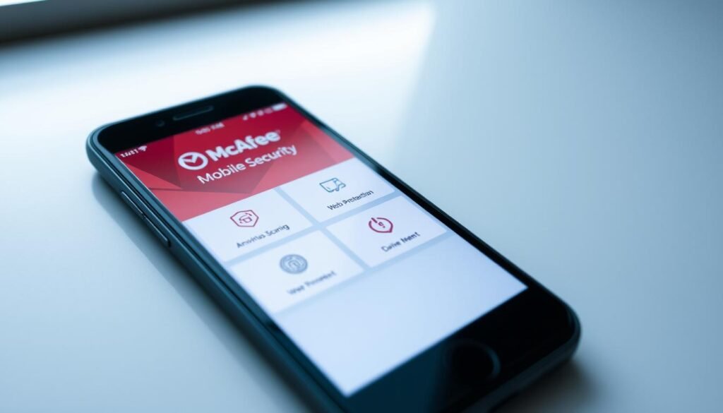 A sleek and minimalist mobile device screen displaying the McAfee Mobile Security app, with a clean and intuitive interface. The app icons are neatly arranged, showcasing the key security features such as antivirus scanning, web protection, and device management. The screen is illuminated by soft, directional lighting, creating a sense of clarity and professionalism. The overall composition emphasizes the app's user-friendly design and the reliable security it provides for mobile devices. A sleek and minimalist mobile device screen displaying the McAfee Mobile Security app, with a clean and intuitive interface. The app icons are neatly arranged, showcasing the key security features such as antivirus scanning, web protection, and device management. The screen is illuminated by soft, directional lighting, creating a sense of clarity and professionalism. The overall composition emphasizes the app's user-friendly design and the reliable security it provides for mobile devices.