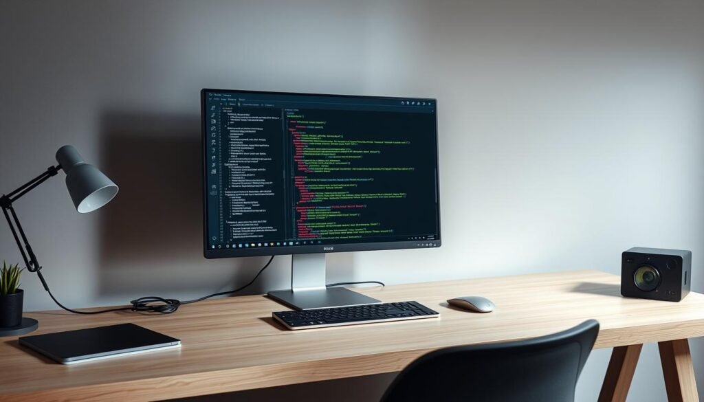 A sleek and modern JSON beautifier tool, sitting on a minimalist desk setup. The tool's interface is displayed on a high-resolution monitor, showcasing its intuitive and clean design. Soft, indirect lighting illuminates the scene, creating a professional and focused atmosphere. The desk is made of light-colored wood, complemented by a subtle gray background, emphasizing the tool's simplicity and functionality. The overall composition conveys the tool's purpose of effortlessly formatting and presenting complex JSON data, making it an essential component for the efficient analysis of web application vulnerabilities.