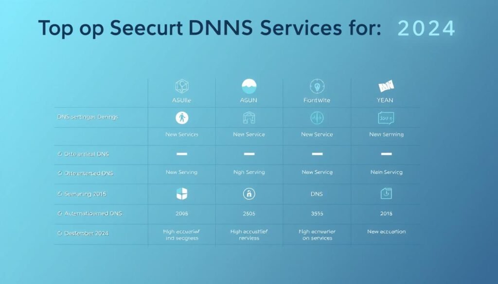 A sleek and modern comparison chart showcasing the top secure DNS services for 2024. The chart is set against a clean, minimalist background with a subtle gradient effect. Each DNS service is represented by an elegant icon, neatly arranged in a grid layout. The icons are rendered with a crisp, high-resolution quality, highlighting the key features and performance metrics of each service. The overall composition strikes a balance between informative clarity and visually appealing design, making it an ideal illustration for the "Top Secure DNS Services for 2024" section of the article.