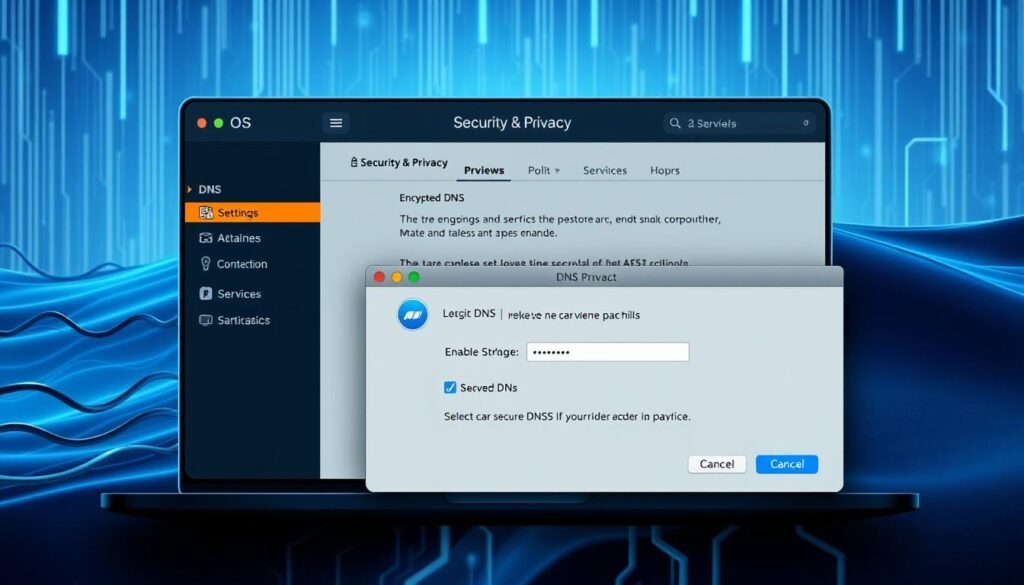 A sleek and modern desktop screen displaying the macOS System Preferences menu, with the "Security & Privacy" section highlighted. In the foreground, a detailed illustration of the "DNS" settings, showcasing the options to enable "Encrypted DNS" and select a secure DNS provider. The background features a subtle pattern of network cables and digital data streams, conveying the underlying technology powering the secure DNS configuration. The lighting is soft and diffused, creating a professional and informative atmosphere, suitable for an educational article on privacy and security.