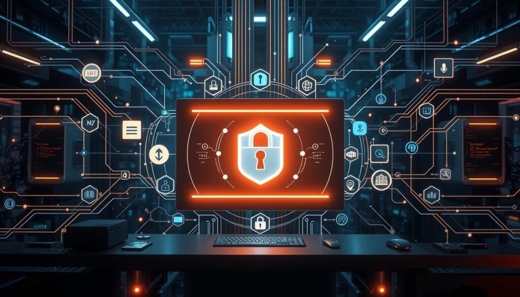 A sleek and modern digital security system, with a central control panel surrounded by various security icons and symbols. The panel is illuminated with a warm glow, casting subtle shadows on the minimalist, high-tech interface. In the background, a network of interconnected devices and servers creates a sense of a comprehensive, multi-layered security infrastructure. The overall atmosphere is one of reassurance, efficiency, and technological sophistication, conveying the idea of comprehensive online account protection.