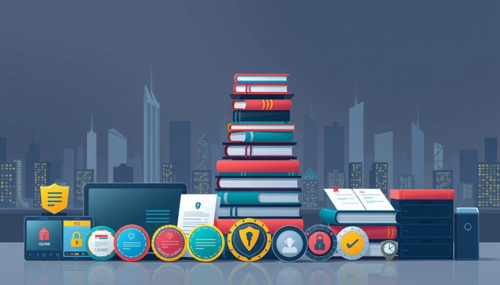 A sleek and modern illustration showcasing the various tools for building cybersecurity knowledge. In the foreground, an array of colorful online courses, certification badges, and training programs are neatly arranged, reflecting the diverse educational opportunities available. The middle ground features a towering stack of books and technical manuals, symbolizing the depth of theoretical and practical understanding needed. In the background, a minimalist cityscape with skyscrapers and data centers creates a professional, technology-driven atmosphere. Soft, directional lighting illuminates the scene, emphasizing the structured, organized approach to acquiring cybersecurity expertise.