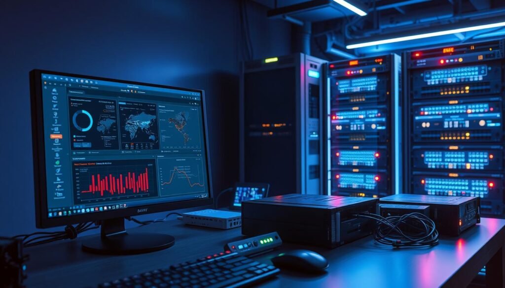 A sleek and modern workstation, bathed in cool-toned lighting, showcases an array of network security tools. In the foreground, a high-resolution display presents a user interface for a network monitoring application, its data visualizations and analytics conveying the state of the system. In the middle ground, a variety of specialized hardware devices, such as intrusion detection sensors and network taps, are neatly arranged, their LED indicators providing visual feedback. The background features a sophisticated rack-mounted server setup, its blinking lights and cooling fans hinting at the powerful computational resources powering the security infrastructure. The overall scene exudes a sense of technical sophistication and vigilance, capturing the essence of the essential tools and technologies required for effective network defense against threats like ARP spoofing.