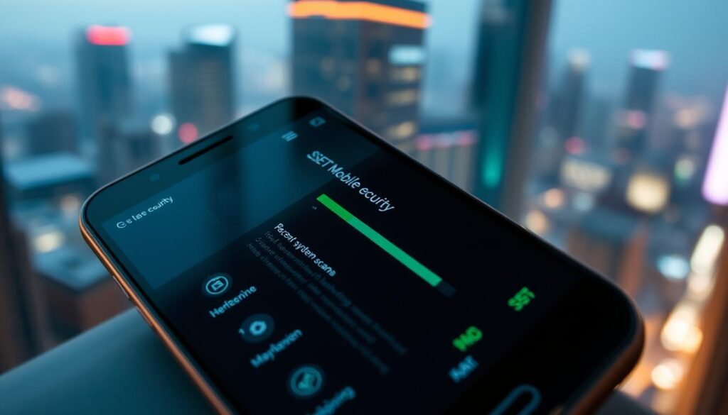 A sleek and professional-looking Android smartphone screen, featuring the ESET Mobile Security app interface. The foreground shows the app's main dashboard with intuitive icons and clean typography, conveying a sense of reliability and comprehensive security. The middle ground displays a recent system scan in progress, with a progress bar and status indicators. The background showcases a slightly blurred cityscape, hinting at the app's ability to protect users on the go. The overall scene is illuminated by warm, subtle lighting, creating a polished, trustworthy atmosphere. A sleek and professional-looking Android smartphone screen, featuring the ESET Mobile Security app interface. The foreground shows the app's main dashboard with intuitive icons and clean typography, conveying a sense of reliability and comprehensive security. The middle ground displays a recent system scan in progress, with a progress bar and status indicators. The background showcases a slightly blurred cityscape, hinting at the app's ability to protect users on the go. The overall scene is illuminated by warm, subtle lighting, creating a polished, trustworthy atmosphere.