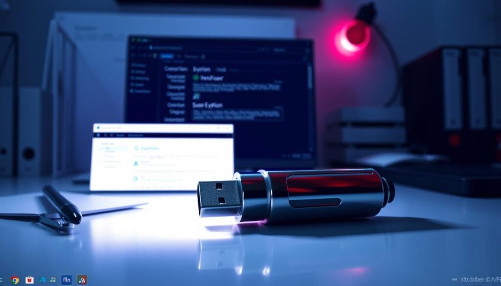 A sleek and professional-looking Windows desktop, with a USB flash drive prominently displayed in the foreground. The drive's surface reflects the glow of the computer screen, hinting at the encryption process happening within. In the middle ground, a window showing the BitLocker Drive Encryption interface, with options and settings neatly laid out. The background is a clean, minimalist workspace, with subtle hints of productivity - a few folders, a pen, and a notepad. The overall mood is one of focused, deliberate security, with a sense of control and confidence in the user's ability to safeguard their data.