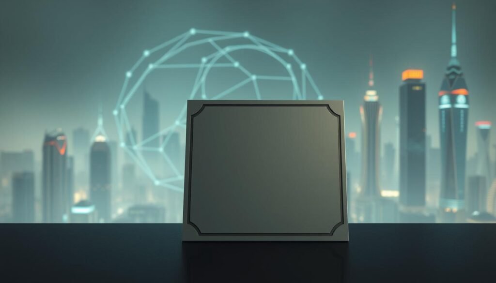 A sleek and sophisticated image of information security certification. In the foreground, a minimalist representation of a certificate or badge, rendered in high-resolution with a crisp, metallic finish and subtle highlights. The middle ground features an abstract, geometric pattern of interlocking shapes and lines, suggesting the interconnected nature of cybersecurity concepts. In the background, a hazy, futuristic cityscape with towering skyscrapers and glowing, neon-tinged details, conveying the technological landscape in which information security operates. The overall mood is one of authority, professionalism, and the cutting edge of modern cybersecurity.