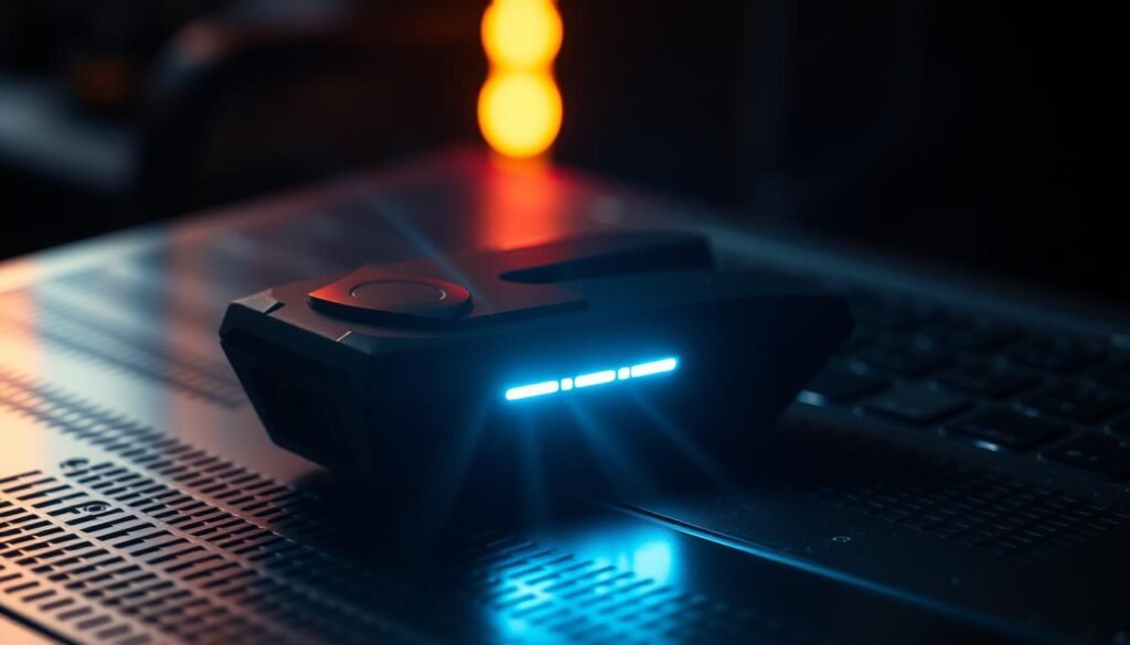 A sleek, black backslash-shaped device rests on a dark, metallic surface, its sharp edges hinting at its powerful capabilities. Bright, focused beams of light emanate from the scanner's head, casting a warm, ambient glow across the scene. The device appears to be intuitively designed, with a minimalist, yet sophisticated aesthetic that suggests advanced technology. The background is blurred, keeping the attention firmly on the backslash-powered scanner, which stands as the centerpiece of the image, ready to uncover hidden vulnerabilities and mimic the nuanced approach of a skilled human tester.
