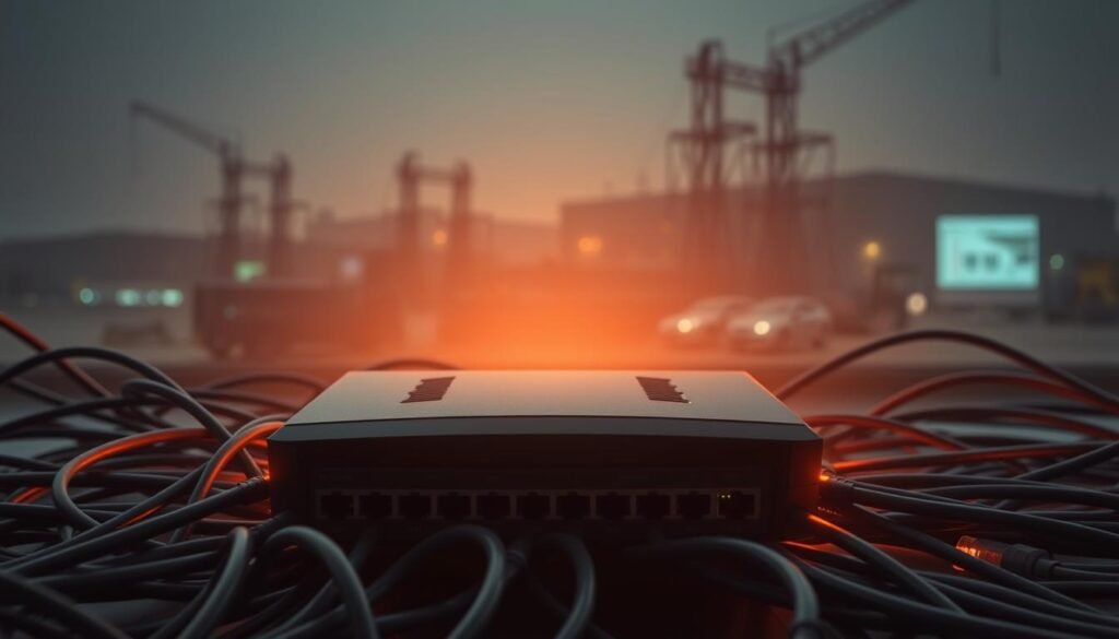 A sleek, dark network switch or router surrounded by a tangled web of Ethernet cables, illuminated by a soft, ambient glow. The device sits prominently in the foreground, its sharp edges and ports conveying a sense of technological authority. In the middle ground, a series of connected devices, their outlines hazy and indistinct, representing the unauthorized network access. The background fades into a muted, industrial landscape, hinting at the broader network infrastructure that needs to be secured. The overall tone is one of control and vigilance, with the network device standing as a gatekeeper, ready to block unwanted intrusions.