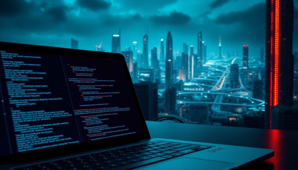 A sleek, dark-themed cybersecurity landscape, illuminated by the soft glow of a laptop screen. In the foreground, a python script with intricate lines of code scrolling across the display, hinting at the power of automation in security tasks. In the middle ground, a network of interconnected devices and servers, protected by a shimmering forcefield of digital safeguards. In the background, a cityscape of towering skyscrapers and glowing data centers, symbolic of the expansive cybersecurity ecosystem. The scene is bathed in a cool, neon-tinged lighting, creating an atmosphere of high-tech sophistication and technological prowess. A sleek, dark-themed cybersecurity landscape, illuminated by the soft glow of a laptop screen. In the foreground, a python script with intricate lines of code scrolling across the display, hinting at the power of automation in security tasks. In the middle ground, a network of interconnected devices and servers, protected by a shimmering forcefield of digital safeguards. In the background, a cityscape of towering skyscrapers and glowing data centers, symbolic of the expansive cybersecurity ecosystem. The scene is bathed in a cool, neon-tinged lighting, creating an atmosphere of high-tech sophistication and technological prowess.