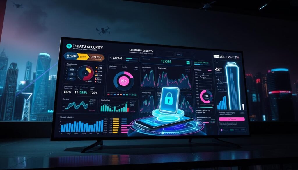 A sleek, futuristic android security dashboard displayed on a large, high-resolution monitor. The foreground features an array of real-time threat detection metrics, color-coded status indicators, and interactive visualizations. In the middle ground, a 3D holographic model of a mobile device rotates, showcasing its secure architecture. The background depicts a moody, neon-lit cityscape with skyscrapers, drones, and other cyberpunk elements, creating a high-tech, dystopian atmosphere. Dramatic lighting casts long shadows, and the camera angle is slightly elevated to convey a sense of authority and command over the security system. A sleek, futuristic android security dashboard displayed on a large, high-resolution monitor. The foreground features an array of real-time threat detection metrics, color-coded status indicators, and interactive visualizations. In the middle ground, a 3D holographic model of a mobile device rotates, showcasing its secure architecture. The background depicts a moody, neon-lit cityscape with skyscrapers, drones, and other cyberpunk elements, creating a high-tech, dystopian atmosphere. Dramatic lighting casts long shadows, and the camera angle is slightly elevated to convey a sense of authority and command over the security system.